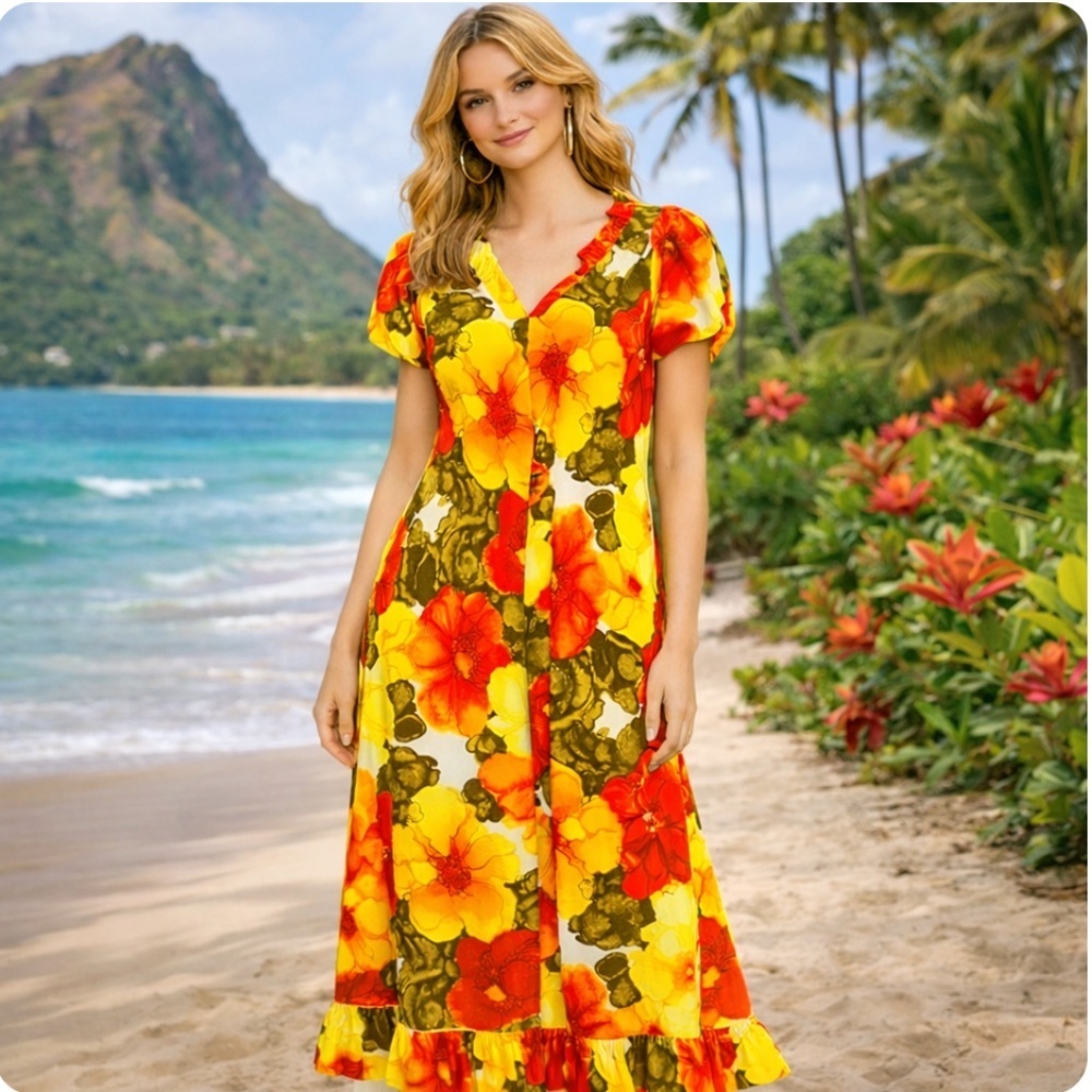 Vintage Hilo Hattie By Evelyn Margolis Hawaiian Floral Mumu Dress Sz Small Med